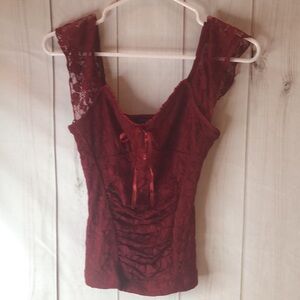 Takara Burgundy Lace Off-Shoulder Blouse Top Short Sleeve Lined Juniors Small